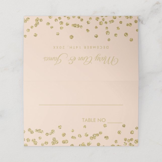 Hochzeitsplecards Gold Glitzer Confetti Blush Platzkarte (Außenseite Aufgefaltet)