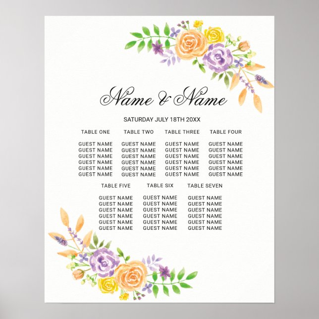 Hochzeitsposter Sitzplätze Lila Blume mit Blumenmu Poster (Vorne)