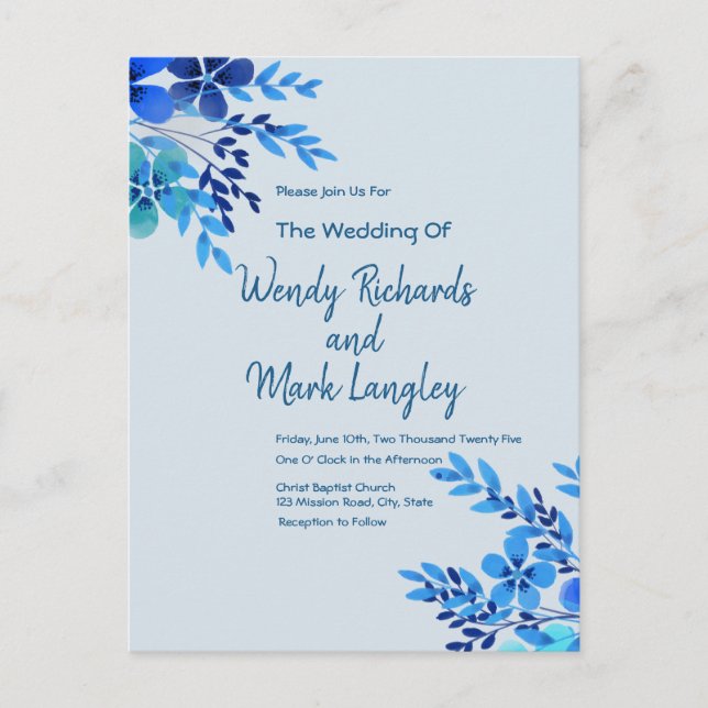 Hochzeitspostkarte von Dusty Blue Floral Postkarte (Vorderseite)
