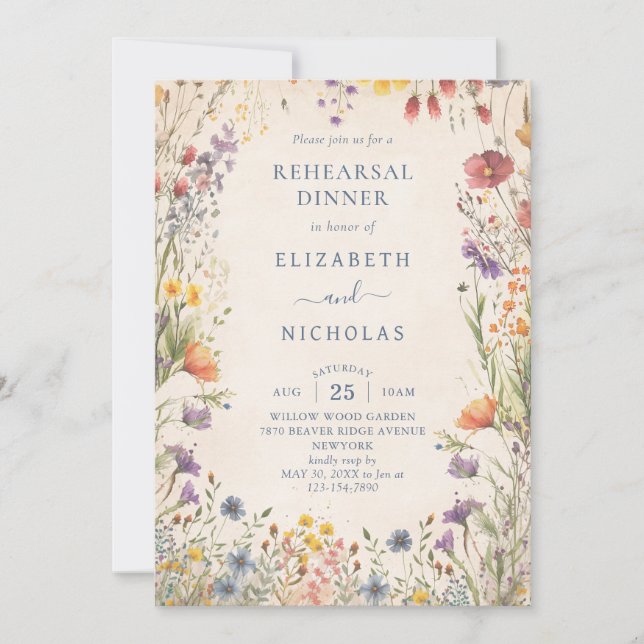 Hochzeitsprobe-Dinner mit Vintage-Wildblumen Einladung (Vorderseite)