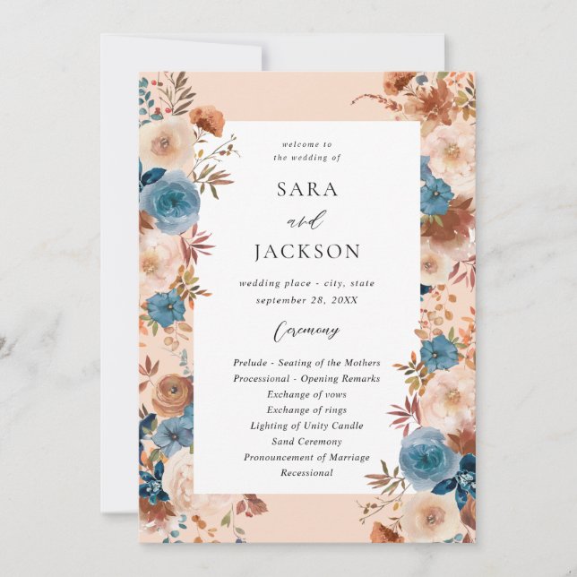 Hochzeitsprogramm Beige & Dusty Blue Floral - Beig Einladung (Vorderseite)