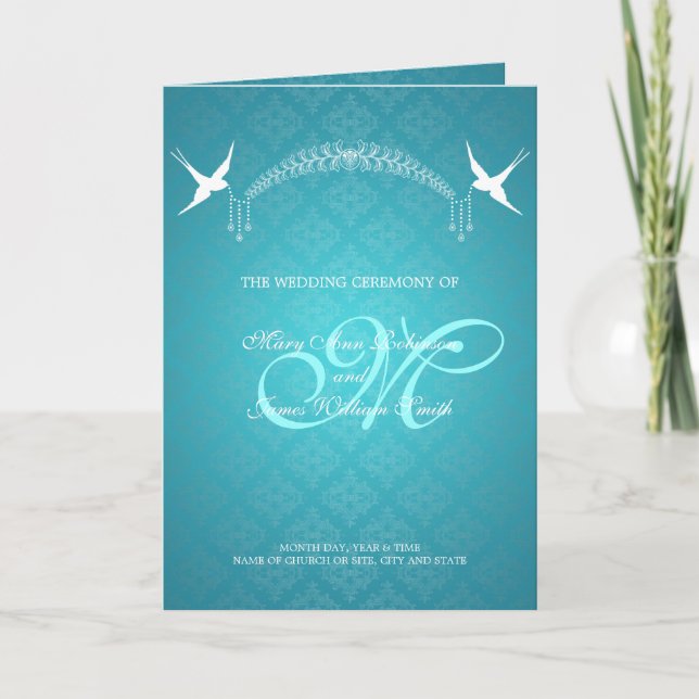 Hochzeitsprogramm Birds Monogram Turquoise Programm (Vorderseite)