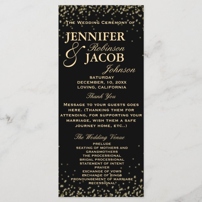 Hochzeitsprogramm | Black and Gold Confetti Programm (Vorderseite)