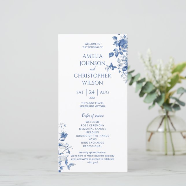 Hochzeitsprogramm Blaue Vintage Blume (Stehend Vorderseite)