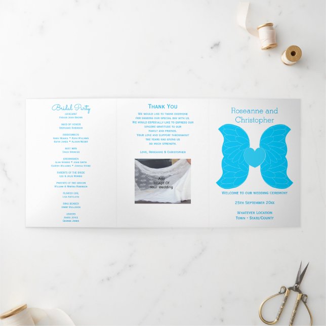 Hochzeitsprogramm Blue Angel Wings Herzdesign Dreifach-gefaltete Programmkarte (Außenbereich)