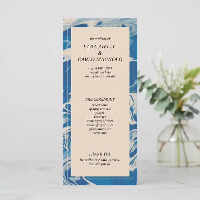 Hochzeitsprogramm "Blue Marble Modern Coastal" (Stehend Vorderseite)