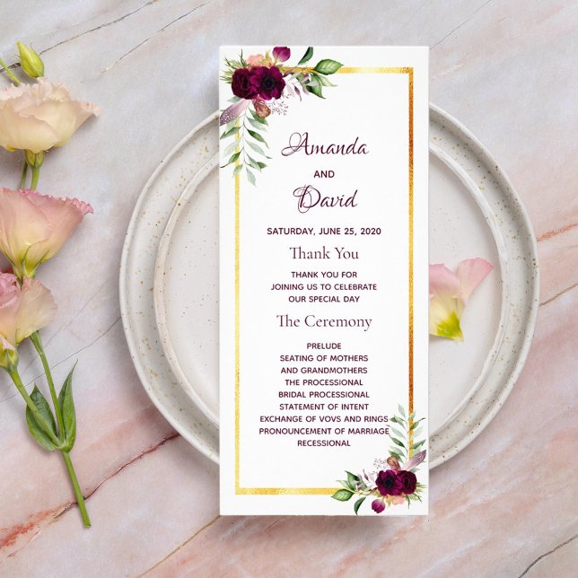 Hochzeitsprogramm Bordeaux-Blüten Weißgold Boho Werbekarte (Von Creator hochgeladen)