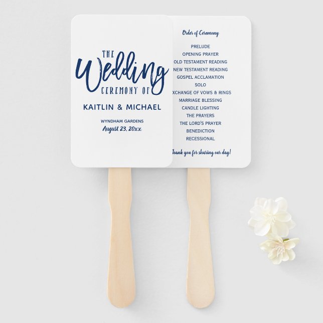 Hochzeitsprogramm | Brush Script - Navy Blue Fächer (Vorne und Hinten)