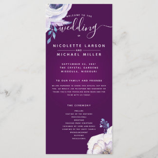 Hochzeitsprogramm Cassis Navy Blue und Lilac Blume Menükarte