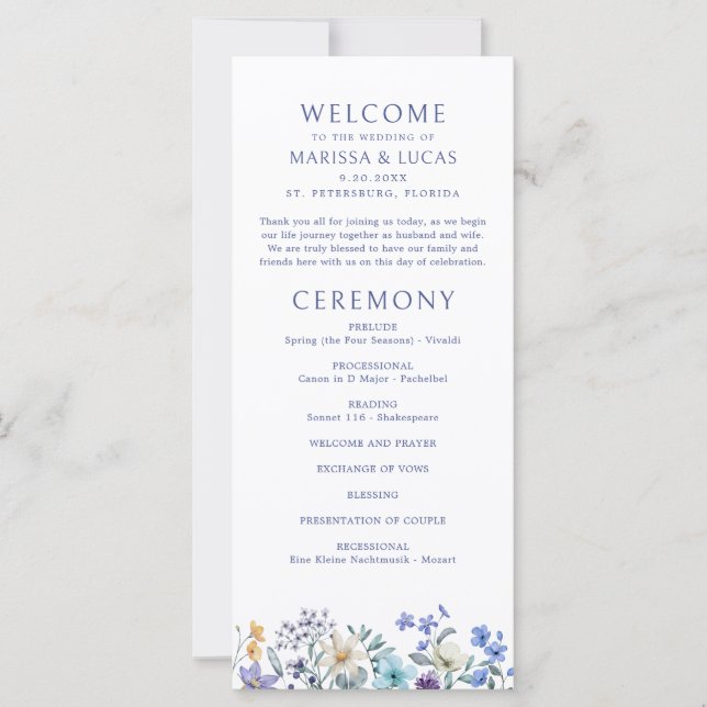 Hochzeitsprogramm "Dusty Aquamarin Blue Wildblumen (Vorderseite)