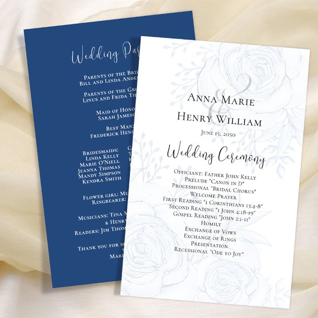 Hochzeitsprogramm Elegant Blumen Blau (Blue floral wedding ceremony paper sheet program with a dusty blue background. )