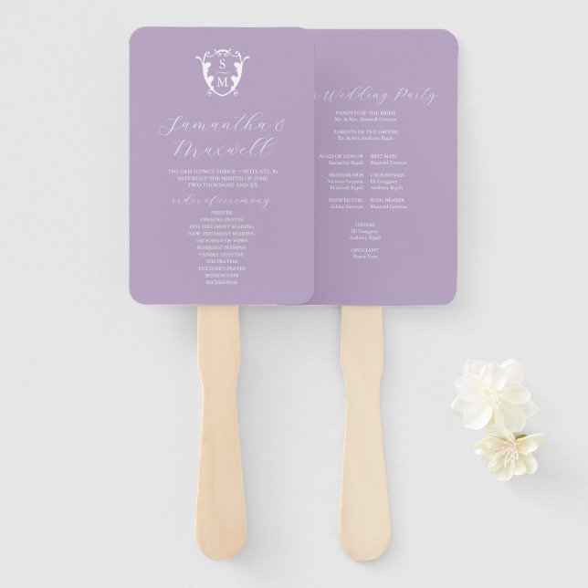 Hochzeitsprogramm Fan Lilac Classic Monogram Fächer (Vorne und Hinten)