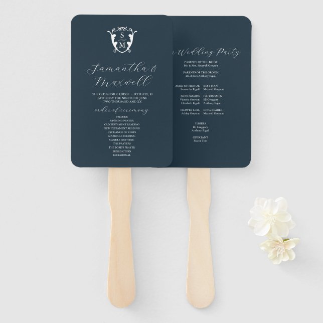 Hochzeitsprogramm Fan Navy Blue Classic Monogram Fächer (Vorne und Hinten)