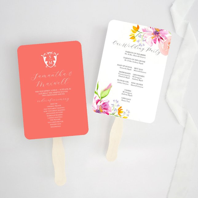 Hochzeitsprogramm Fan Vorlagen Fett Floral Fächer (wedding program fan templates watercolor pink and orange florals by Victoria Grigaliunas)