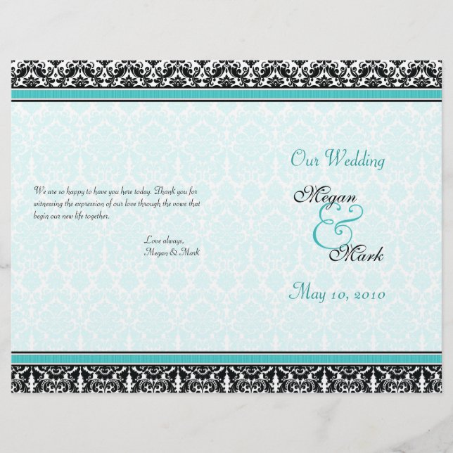 Hochzeitsprogramm für Aqua Blue und Black Damask (Vorderseite)