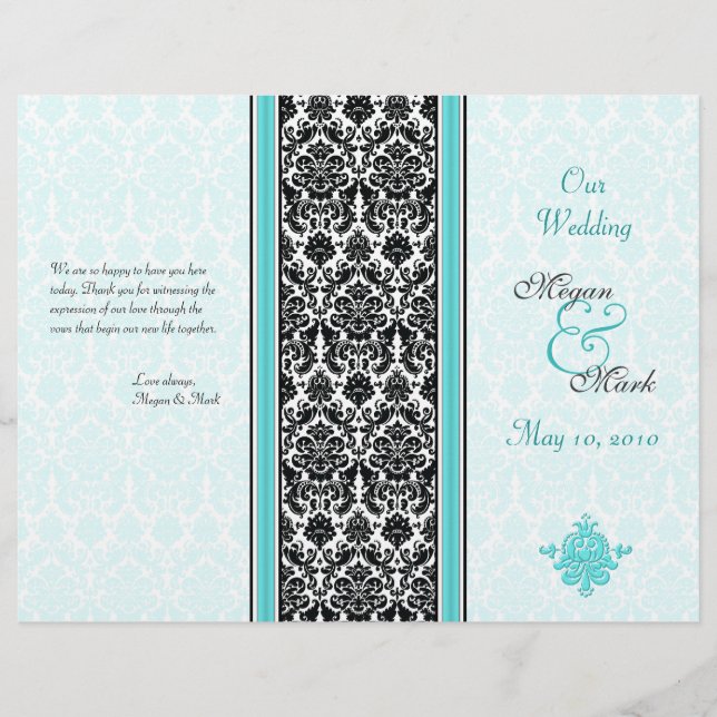 Hochzeitsprogramm für Aqua und Black Damask (Vorderseite)