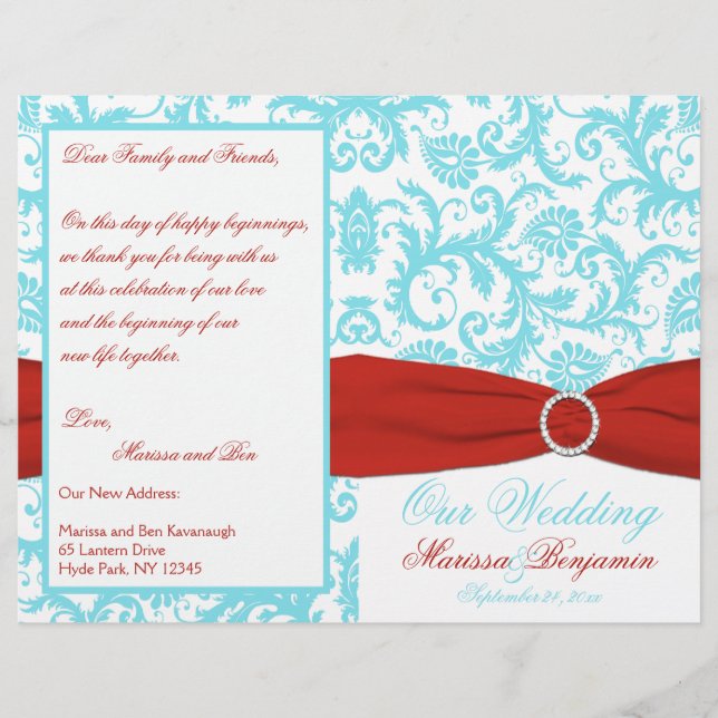 Hochzeitsprogramm für Aqua, White und Red Damask (Vorderseite)