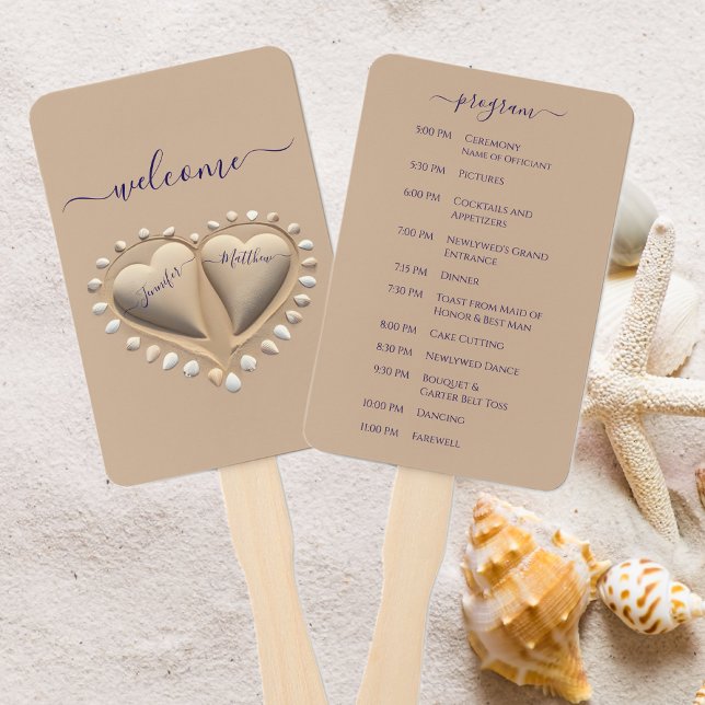 Hochzeitsprogramm für Beach Wedding Sand Heart Fächer (Beach Wedding Sand Hearts Wedding Program Hand Fan )