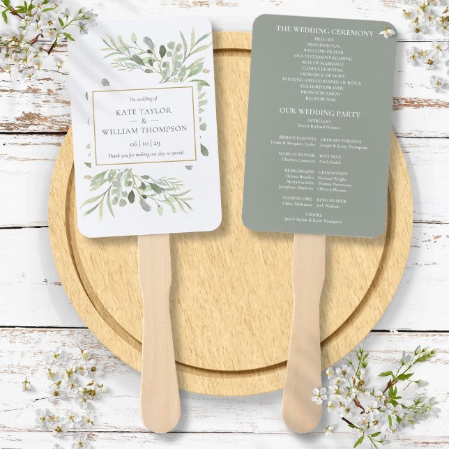 Hochzeitsprogramm für Blätter im Wasserfarbenberei Fächer (Watercolor Greenery Leaves Wedding Program Hand Fan)