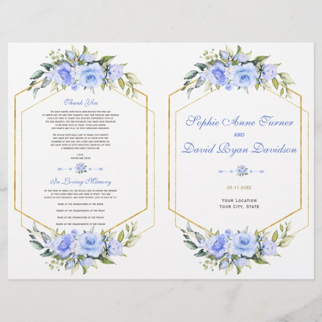 Hochzeitsprogramm für Blaublauer Blütengoldrahmen (Vorne)