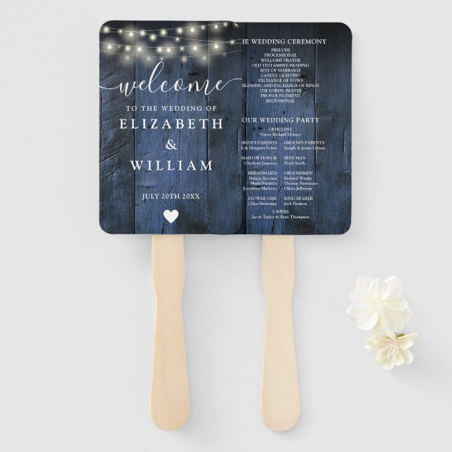 Hochzeitsprogramm für blaue Rustikal-Holz-String-L Fächer (Vorne und Hinten)