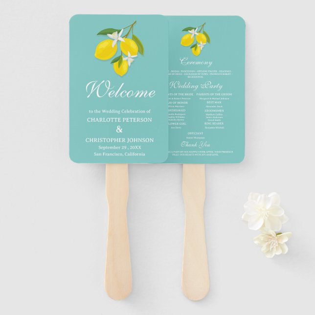 Hochzeitsprogramm für Blaue und Gelbe Lemon Fächer (Vorne und Hinten)