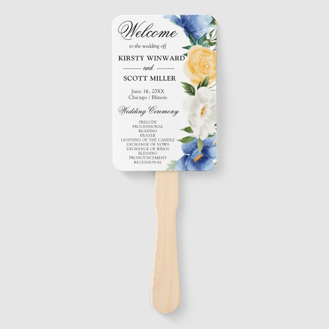 Hochzeitsprogramm für Blaue und Gelbe Sommer-Blume Fächer (Vorderseite)