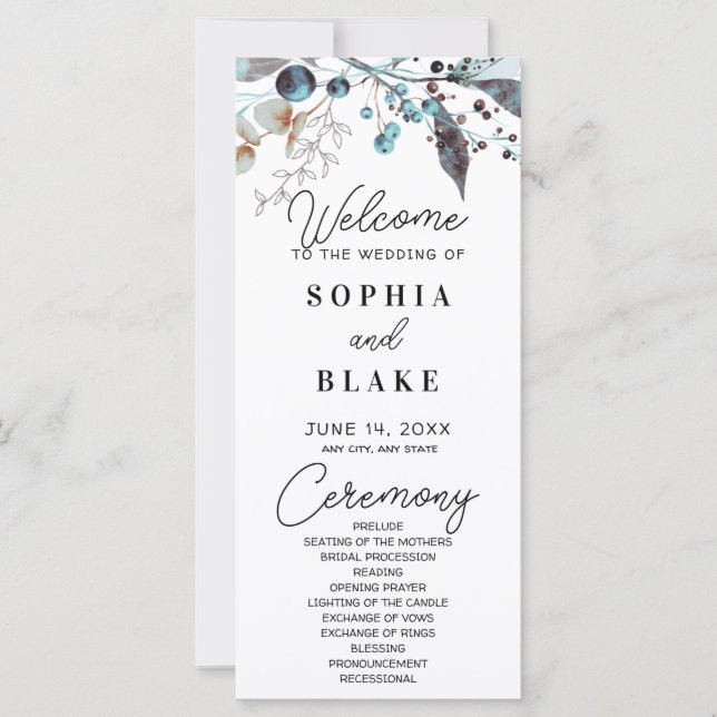 Hochzeitsprogramm für Blaue und Grau Berries & Grü (Vorderseite)