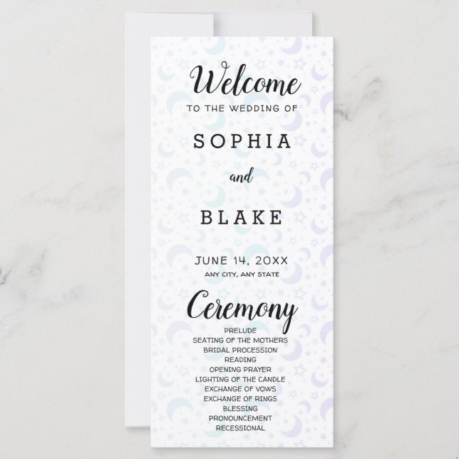 Hochzeitsprogramm für Blaue und Lila Halbmonde (Vorderseite)