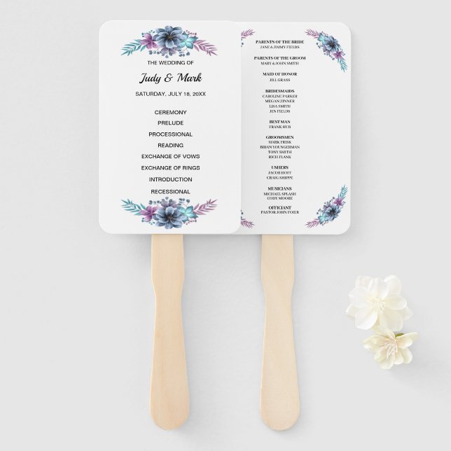 Hochzeitsprogramm für blaue und Lila Wasserfarben Fächer (Vorne und Hinten)