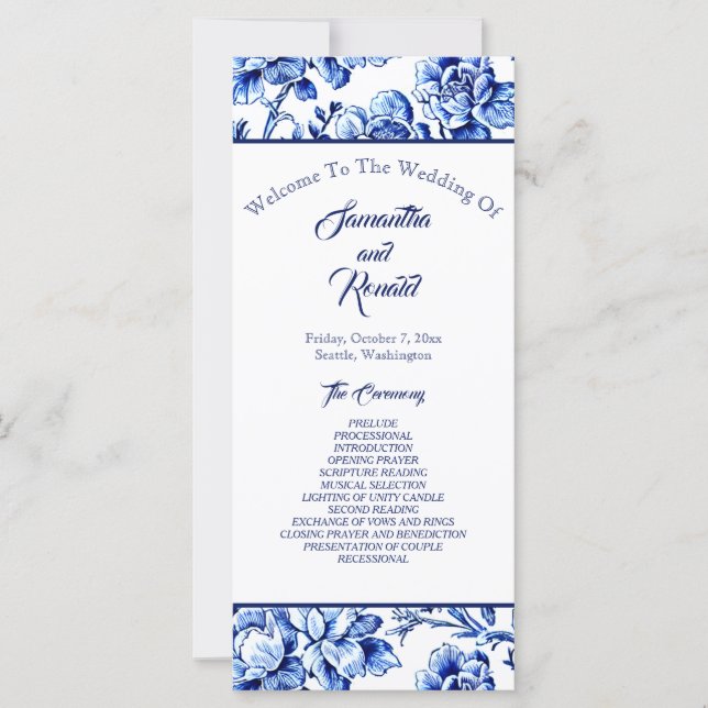 Hochzeitsprogramm für blaue und weiße Blumen (Vorderseite)