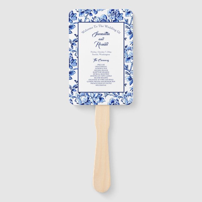 Hochzeitsprogramm für blaue und weiße Blumen Fächer (Vorderseite)