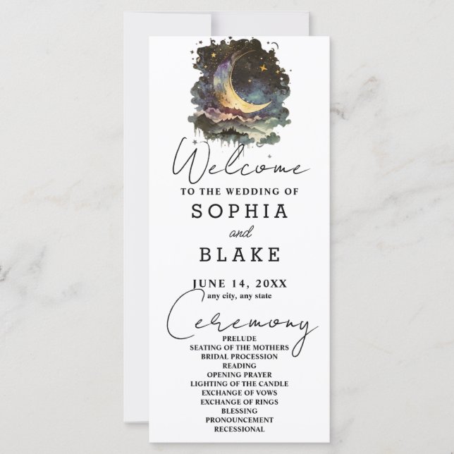 Hochzeitsprogramm für Blauen und Gold Crescent Moo (Vorderseite)