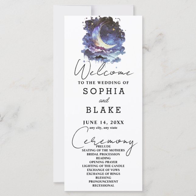 Hochzeitsprogramm für Blauen und Gold Crescent Moo (Vorderseite)