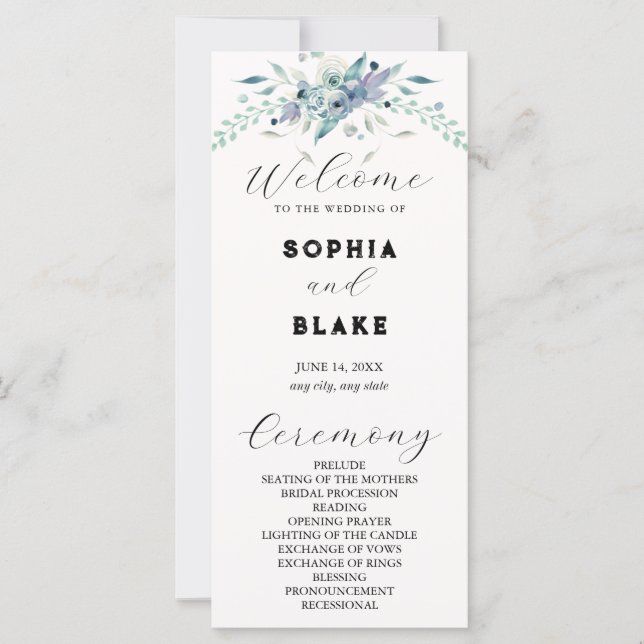 Hochzeitsprogramm für Blauen und Grüne Blumen (Vorderseite)