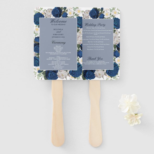 Hochzeitsprogramm für Blauflora-Wasserfarben Fächer (Vorne und Hinten)