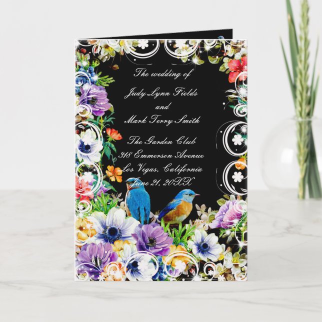 Hochzeitsprogramm für Blauvögel und botanische Pfl Dankeskarte (Vorderseite)