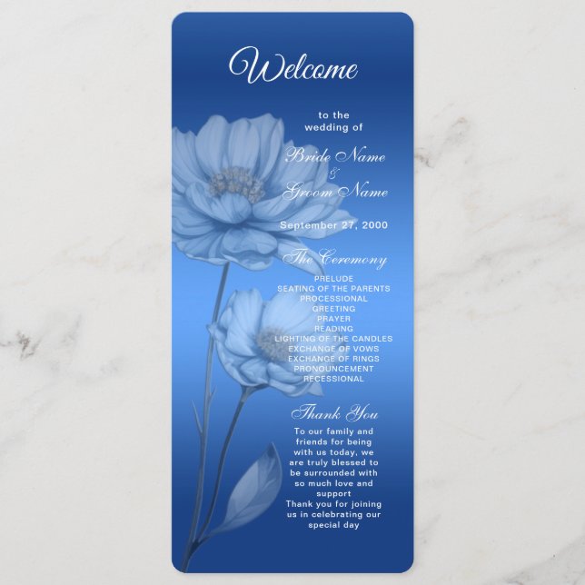 Hochzeitsprogramm für Blue Watercolor-Blume Programm (Vorderseite)