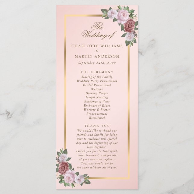 Hochzeitsprogramm für Blush Pink Gold Floral Programm (Vorderseite)