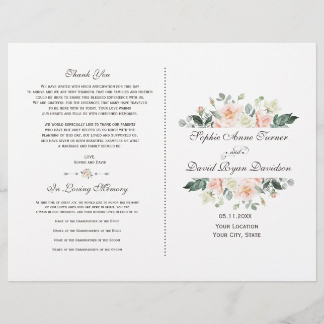 Hochzeitsprogramm für Blush White Cream Floral (Vorderseite)