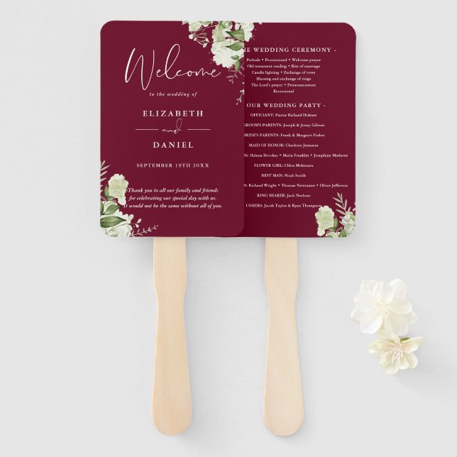 Hochzeitsprogramm für Burgund-Flora Fächer (Vorne und Hinten)