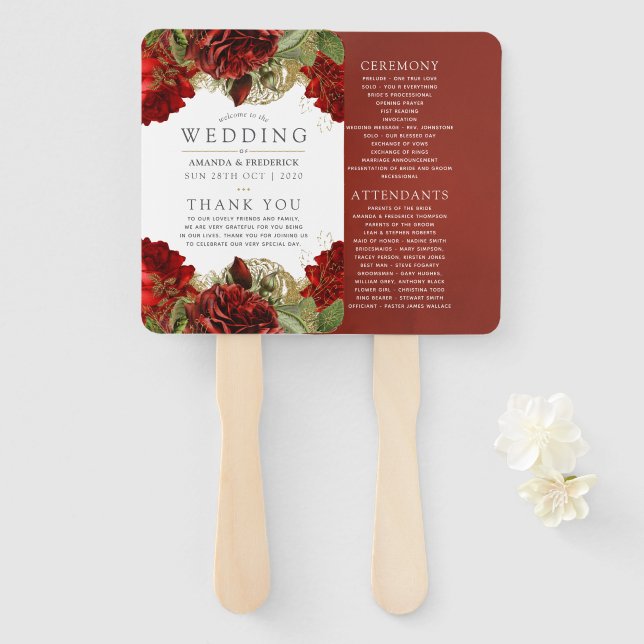 Hochzeitsprogramm für Burgunder Rot und Gold Fächer (Vorne und Hinten)