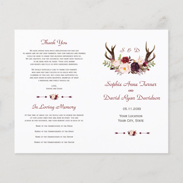 Hochzeitsprogramm für Burgundy Blush Floral Antler (Vorne)