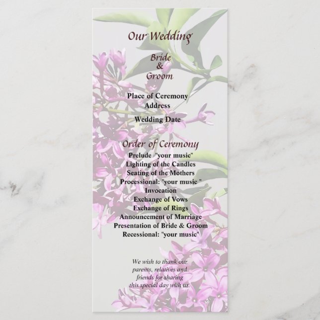 Hochzeitsprogramm für Button Lilacs und Blätter Programm (Vorderseite)