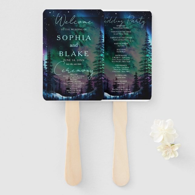 Hochzeitsprogramm für Celestial Northern Lights Fächer (Vorne und Hinten)