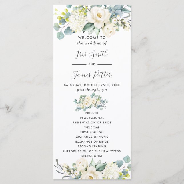 Hochzeitsprogramm für Chic Ivory White Floral Gree Programm (Vorderseite)