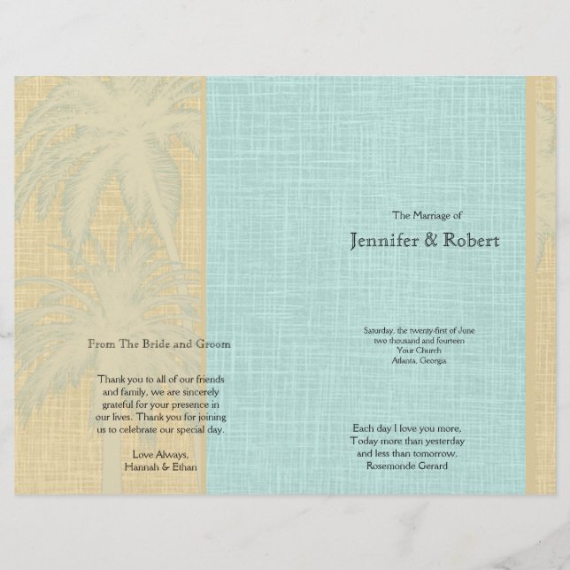 Hochzeitsprogramm für Creme Linen und Blue Palm Tr (Vorderseite)