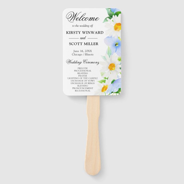 Hochzeitsprogramm für Daisies & Blue Summer Blume Fächer (Vorderseite)