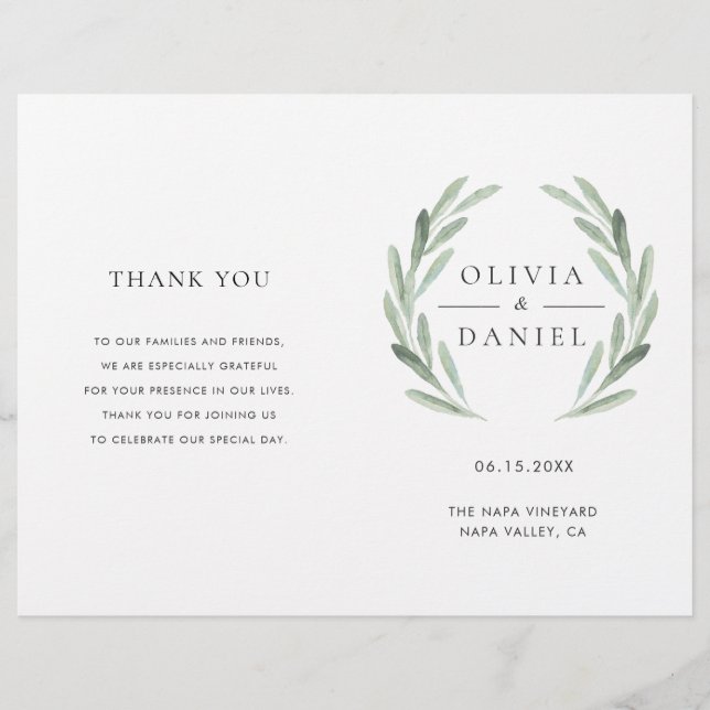 Hochzeitsprogramm für das elegante Olive Leaf Wrea (Vorderseite)