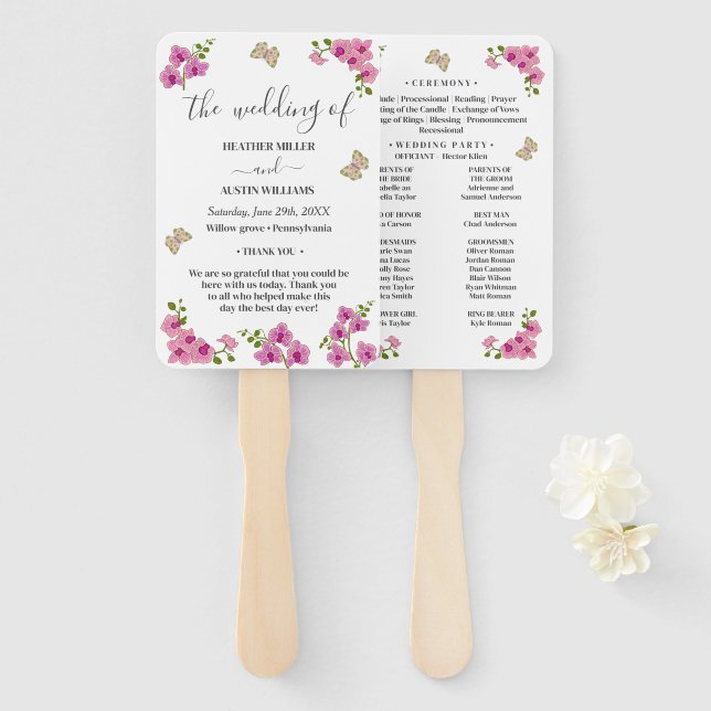 Hochzeitsprogramm für delikate Lila Orchideen Fächer (Vorne und Hinten)